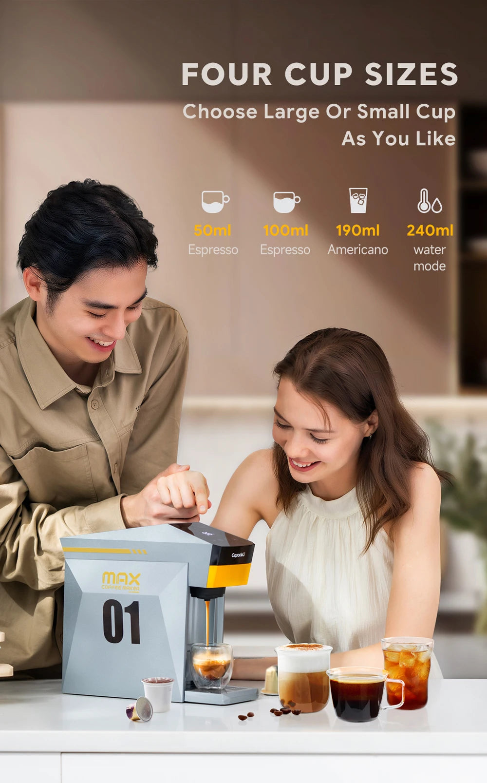 Flashbox 4-in-1 Single Serve Espresso Coffee Machine with Hot Water Dispenser, 1400W