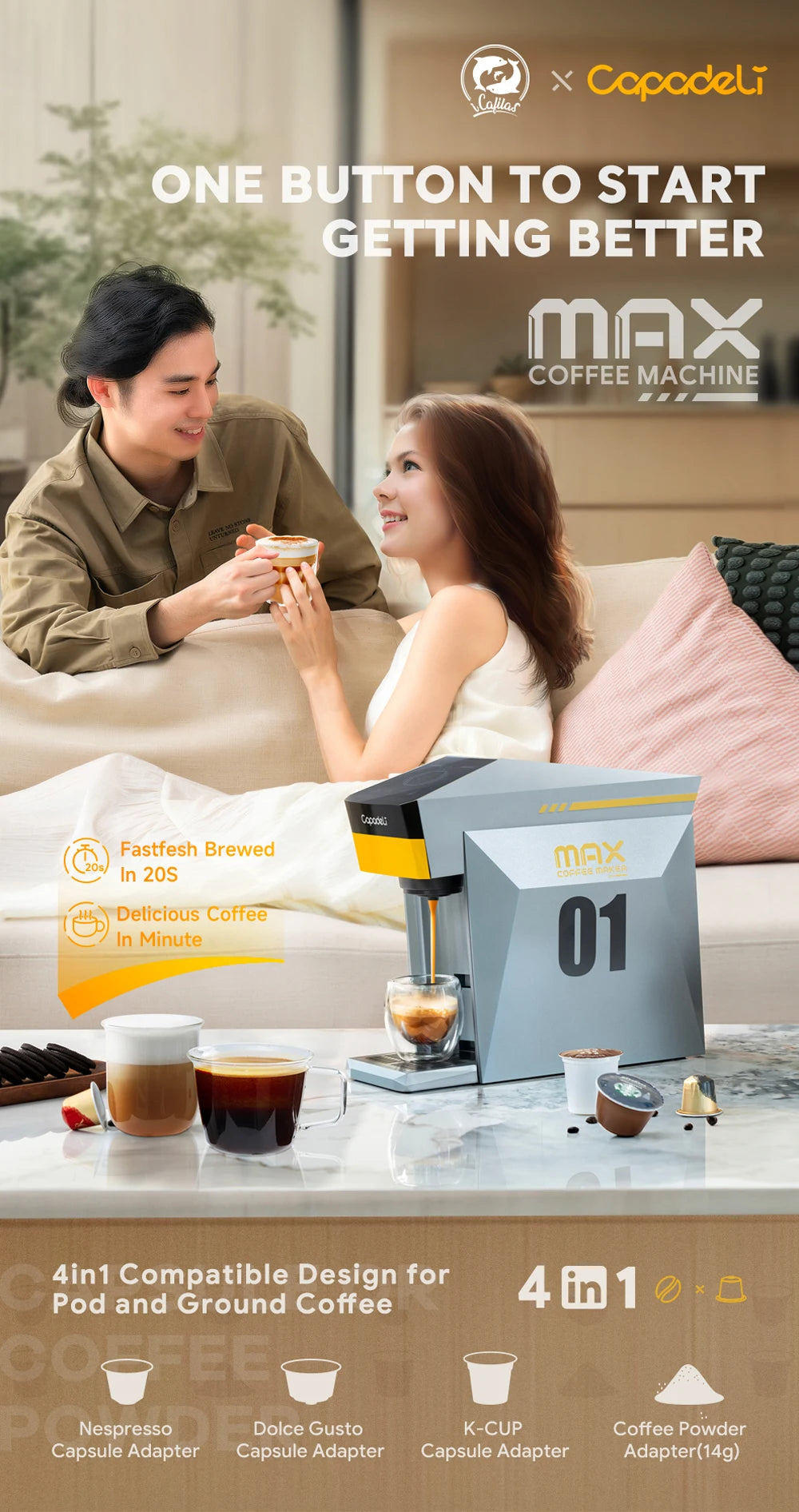 Flashbox 4-in-1 Single Serve Espresso Coffee Machine with Hot Water Dispenser, 1400W